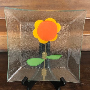 Square Textured Glass Plate with Painted Flower