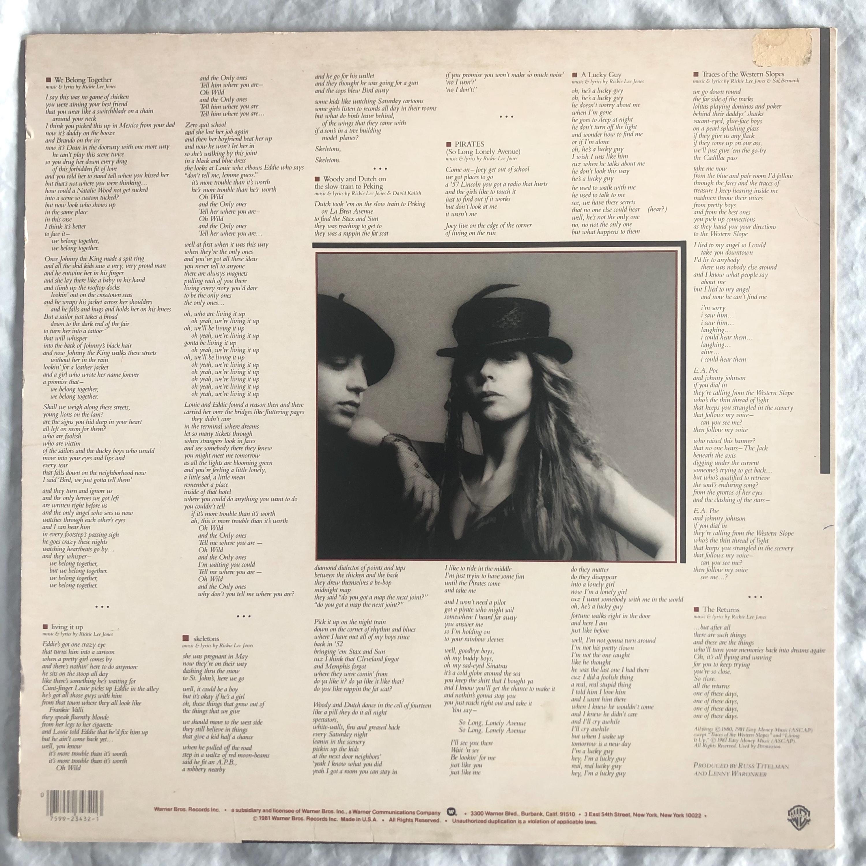 Rickie Lee Jones Pirates Warner Bros. 1981 Vintage Vinyl Record