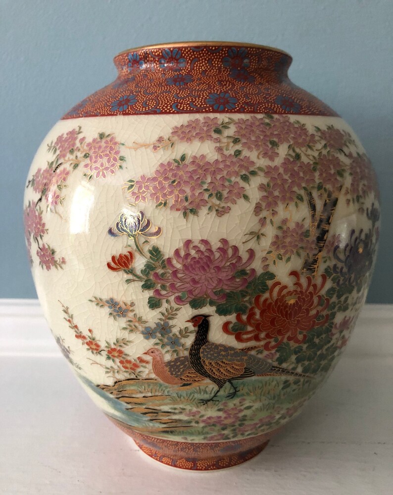 Vintage Toyo Japan Vase Pheasants Chrysanthemums Cherry Etsy