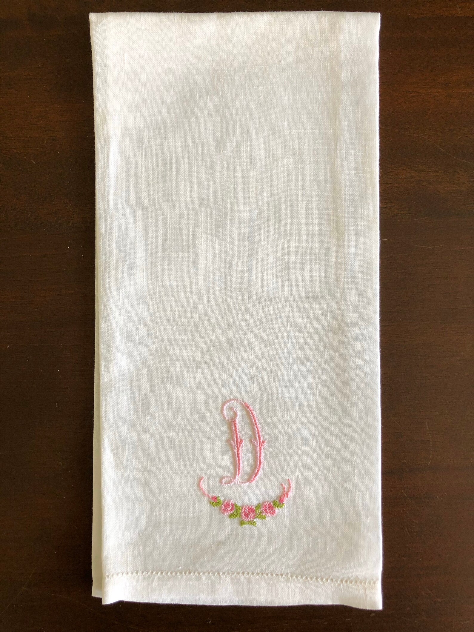 Vintage White Linen Tea Towel With Pink Floral Embroidery and Etsy