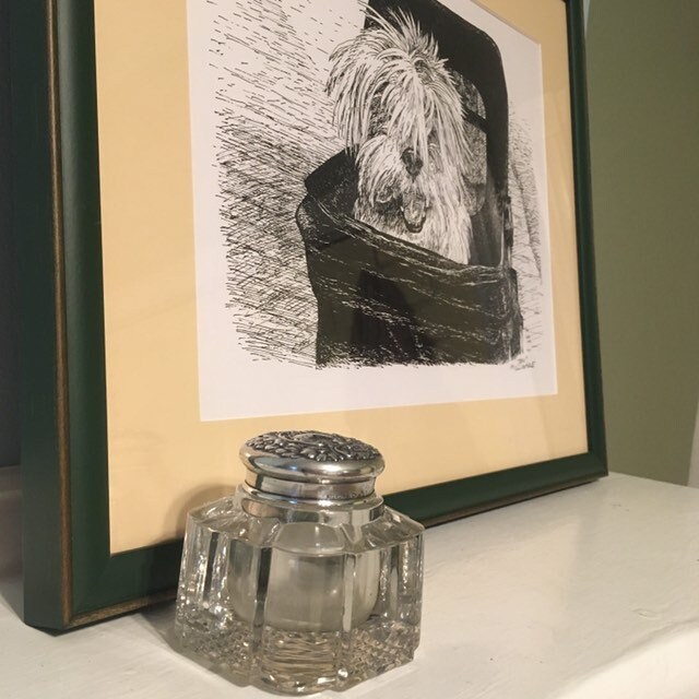 Antique Crystal Inkwell Paperweight With Ornate 716 Sterling Silver