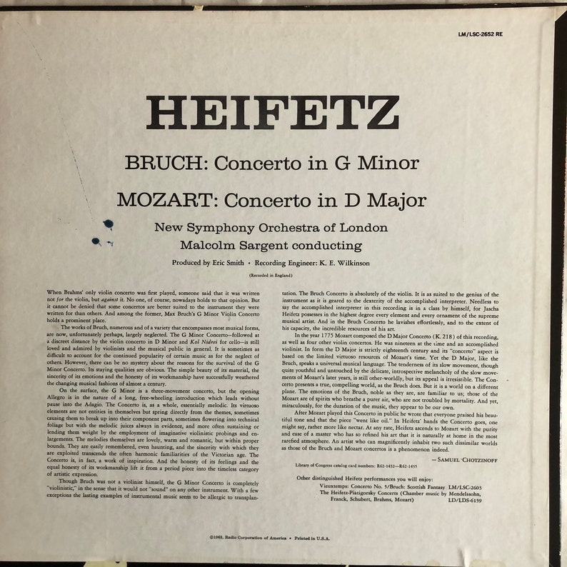 Jascha Heifetz Bruch Concerto in G Minor Mozart Concerto in D Major New Symphony Orchestra of London Malcolm Sargent RCA Victor 1963 image 2