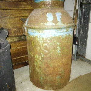 25&quot;X13&quot; Stamped SFCo Antique Metal Milk Can 10 Gallon - Large Heavy Milk Jug w. Lid - Rustic Primitive Decor