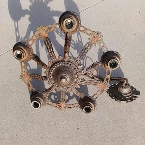 Antique Chandelier Art Deco Polychrome Cast Copper Gold Metallic 19&quot; Across 5 Lights