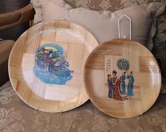Vintage 1960's 11" & 8" - 2 Vintage Bamboo Japanese Plates w. Wall Hangars