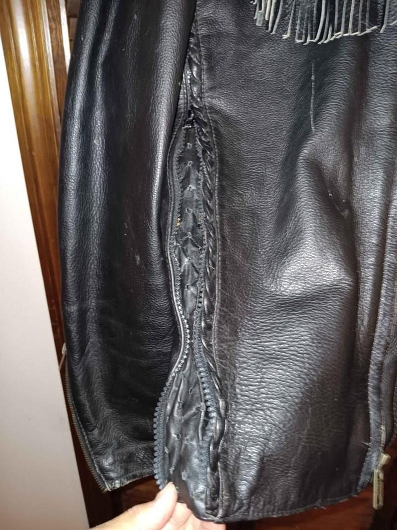 Vintage Highway Heavy Leather Short Fringe Mens Biker Jacket Size 42 - Deltona, FL image 3