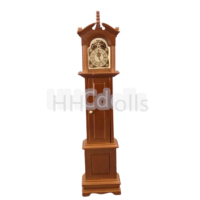 May include: A wooden grandfather clock with a brown finish and a white face. The clock has a decorative top and a door on the front.
