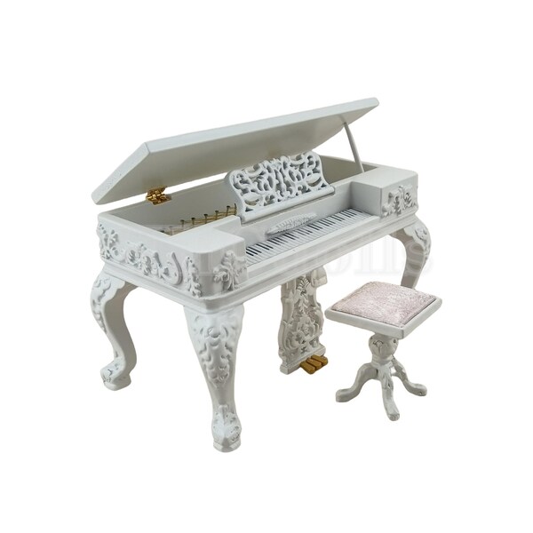 Miniature model Dollhouse 1:12 Scale Rectangular piano and stool white