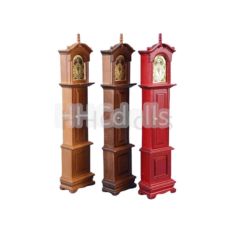 May include: Three grandfather clocks in different colors: brown, dark brown, and red. Each clock has a gold face with black Roman numerals and a gold pendulum.