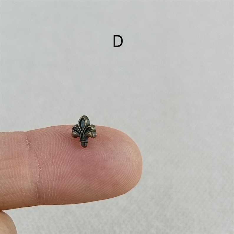 Puede incluir: Un peque&ntilde;o amuleto de color bronce en forma de flor de lis, mostrado en la punta de un dedo.