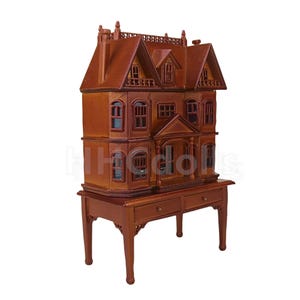 Miniature Wood Dollhouse on Table: 1/12 Scale Collectible