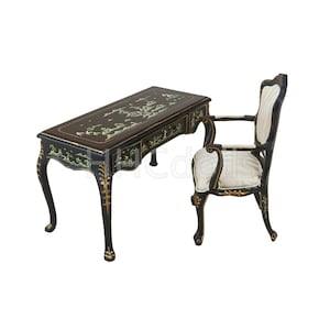 dollhouse furniture Miniatures 1/12 scale Black painted Wooden desk and chair set