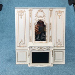 Miniature Dollhouse 1:12 Scale Furniture fireplace/mirror White hand painted gold decorative wall