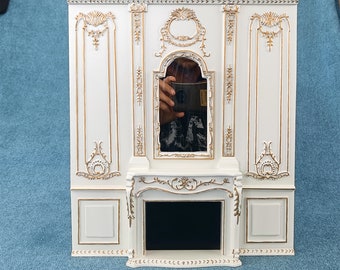 Miniature Dollhouse 1:12 Scale Furniture fireplace/mirror White hand painted gold decorative wall