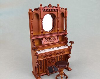 Miniature Dollhouse 1:12 Scale Cabinet Piano and Stool