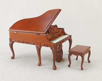 Miniature Dollhouse 1:12 Scale musical instrument walnut Piano and Stool Set