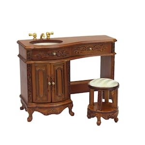Beautiful 1/12 Scale Dollhouse Miniature Wood Elegant Washbasin and stool set