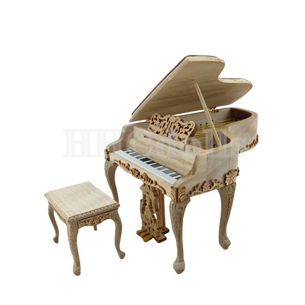 Miniature Dollhouse 1:12 Scale musical instrument model Unpainted Piano and Stool Set