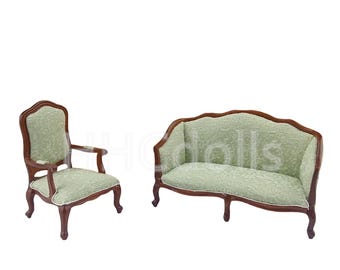 Muebles en miniatura para casa de muñecas a escala 1:12: sala de estar, sofá, silla y mesa de té.