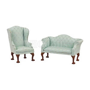 Dollhouse sofa 1/12 cale seat and armchair Miniature furniture Diamond pattern fabric chair