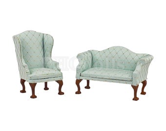 Dollhouse sofa 1/12 cale seat and armchair Miniature furniture Diamond pattern fabric chair
