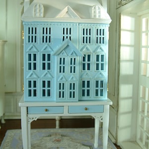 Blue White 1/144 Scale dollhouse on 1/12 scale table