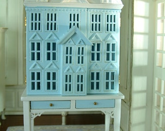 Blue White 1/144 Scale dollhouse on 1/12 scale table