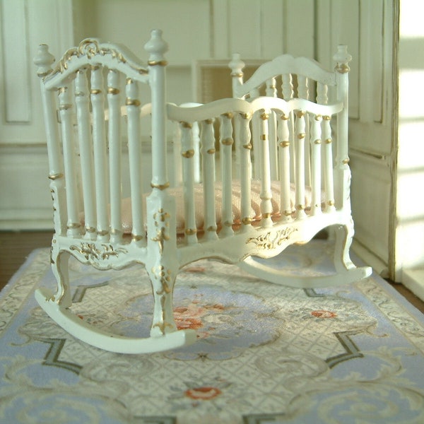 Elegant Gold White Luxury Hand Crafted Victorian Cradle 1/12 Scale Miniature