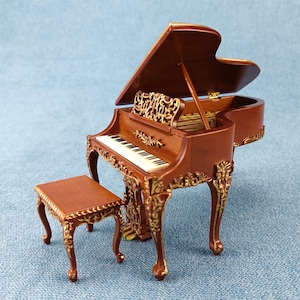 Miniaturowy domek dla lalek w skali 1:12, model instrumentu muzycznego, orzech, pianino i zestaw taboretów
