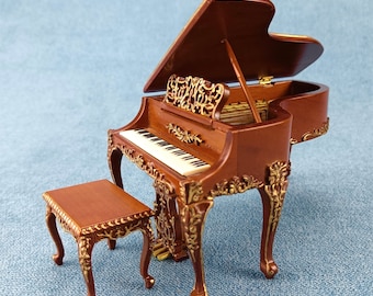 Miniature Dollhouse 1:12 Scale musical instrument model walnut Piano and Stool Set