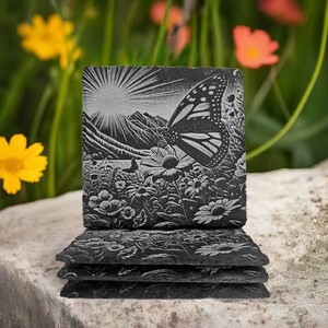 Engraved, Slate Coasters, Butterflies, Flowers, Halloween Gifts, Engraving, Unique Gifts, Gifts For Her, Birthday Gifts, Drink Coasters, Art
