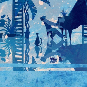 Azzurro - Stampa artistica pianoforte jazz, Illustrazione toni di blu, Arte murale ispirata alla canzone di Paolo Conte, Carta giclée di alta qualità