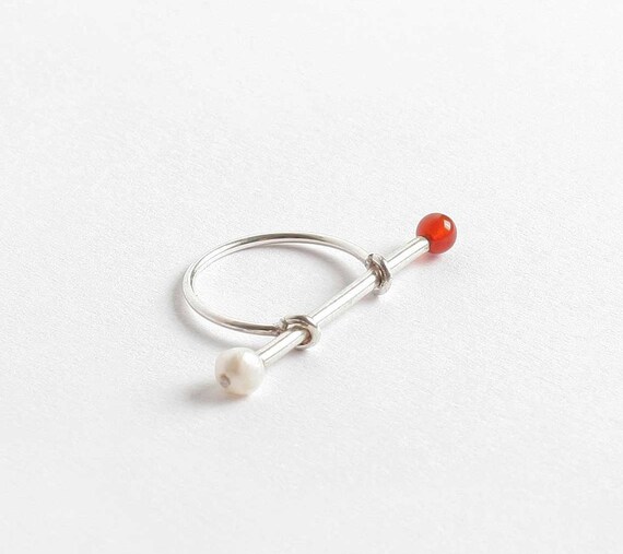 Silver Double Effects Ring Long Bar Cross With Pearl and Red Beads