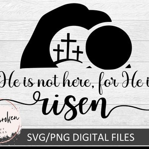 Puede incluir: Diseño gráfico en blanco y negro con una tumba, una piedra y tres cruces. El texto dice "No está aquí, porque ha resucitado".