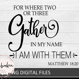 May include: Black and white typography design with the text "For where two or three gather in my name I am with them" and "Matthew 18:20".