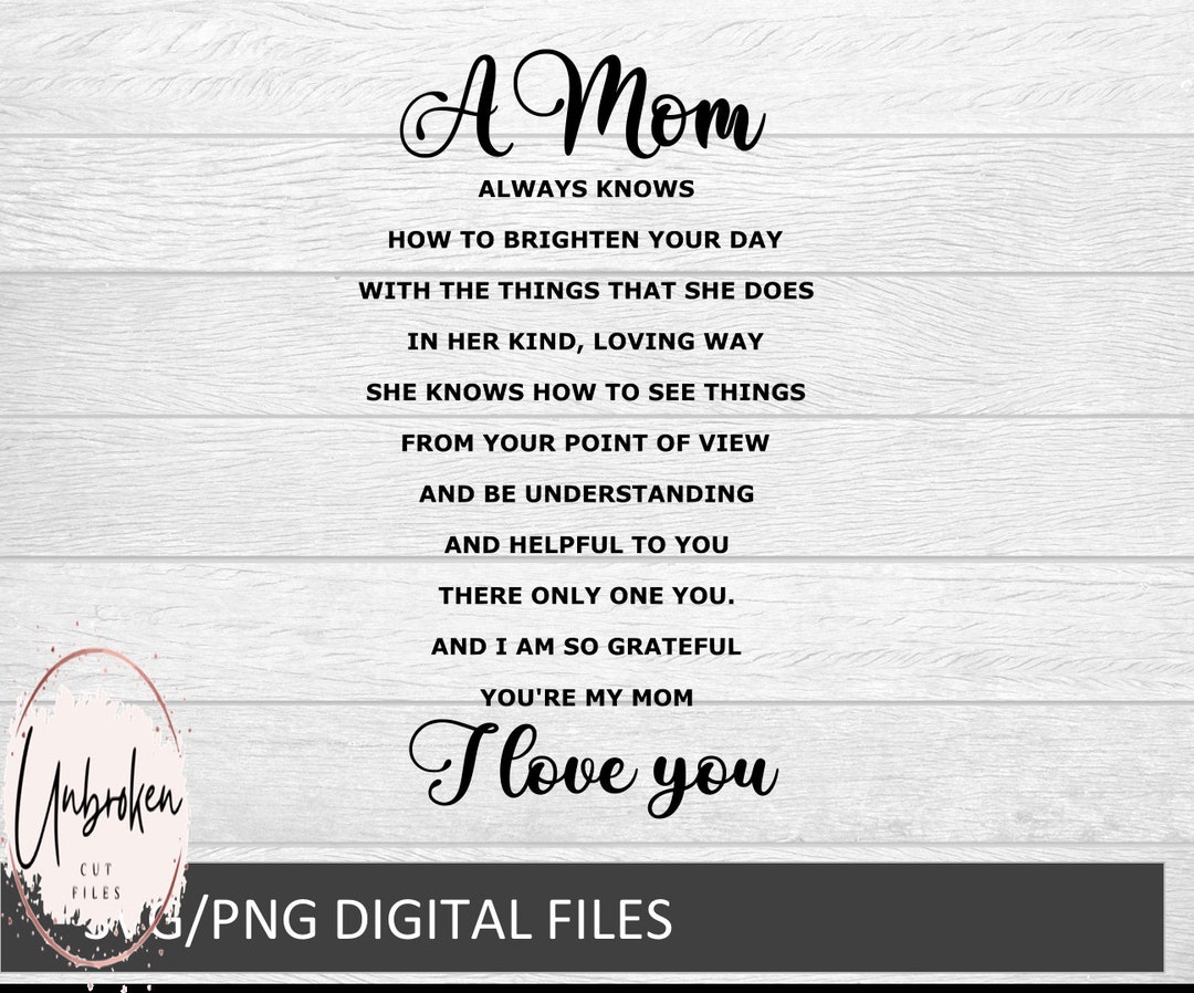 Mom Poem, to My Mother, Printable Gift for Mom, Mother's Day Gift, Greeting Card, Pink Flowers ...