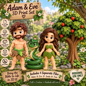 Könnte beinhalten: Ein 3D-Druck-Set mit Cartoon-Figuren von Adam und Eva, einer grünen Schlange und einem Apfelbaum. Das Set enthält digitale Dateien zum Drucken mit den Textbeschriftungen Adam & Eve 3D Print Set und Includes 4 Separate Files.