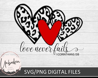 Happy Valentines Day, Love never Fails, Leopard Print Heart Svg, Christian Svg, God's love