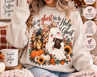 May include: A beige crewneck sweatshirt featuring a graphic of a white ghost wearing a floral bow and holding a Bible. The design includes a lantern, pumpkins, sunflowers, and the text "Ain't no ghost like the Holy Ghost" in black and orange.