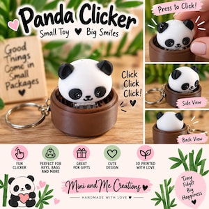May include: A Panda Clicker keychain featuring a white and black panda head inside a brown circular container. The text reads Panda Clicker, Small Toy Big Smiles, Click Click Click, and Good Things Come in Small Packages. It includes a metal ring.