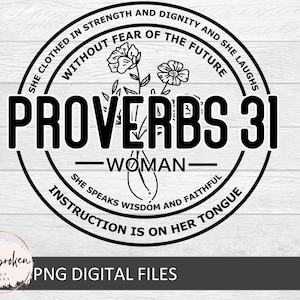 Może przedstawiać: Czarno-biały projekt graficzny z tekstem "Przysłów 31 - Kobieta - Mówi mądrością, a wierne pouczenie jest na jej języku." Grafika przedstawia wzór kwiatowy z okręgiem wokół tekstu.
