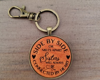 Cousin Gift Keychain - Initial Letter Charm, 'Side By Side Or Miles Apart' Message