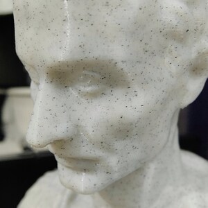 May include: A white bust sculpture of a person with a speckled finish. The sculpture is of a person's head and shoulders, and the person's face is visible. The person's mouth is slightly open, and their eyes are closed.
