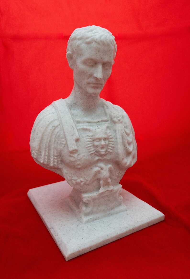 May include: White marble bust of a Roman emperor with a detailed face and a decorative eagle on the chest. The bust is on a white marble base.