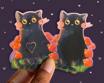 Black Cat Floral Holographic Heart Sticker, Kawaii Cat Sticker, Witch Sticker, Waterproof Decal, Laptop Sticker, Vinyl Poppy Sticker