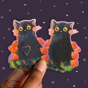 Autocollant holographique floral de coeur de chat noir, autocollant de chat de Kawaii, autocollant de sorcière, décalque imperméable à l’eau, autocollant d’ordinateur portatif, autocollant de pavot de vinyle