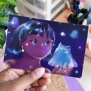 Ghost Cat Girl 4x6 Mini Art Print, Purple Aesthetic, Dorm Wall Art, Kawaii Style Art, Glossy Print, Cat Lover Decor, Celestial Illustration