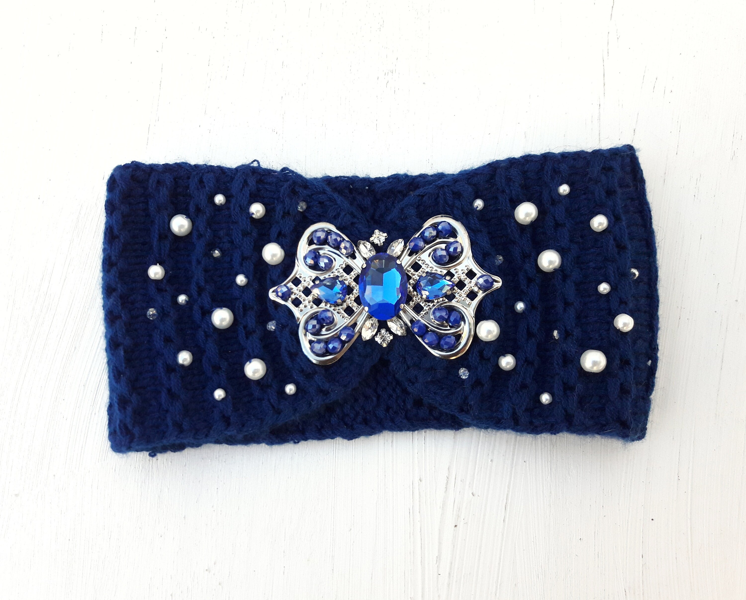 Dark blue knitted ear muffs Jewelled winter handknit Etsy