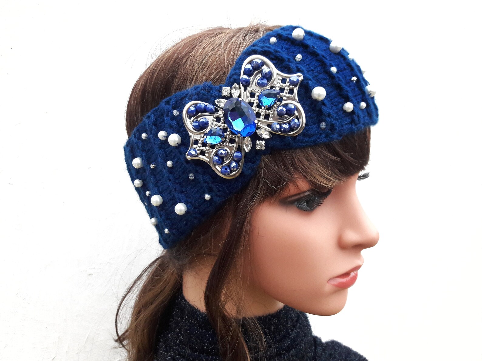 Dark blue knitted ear muffs Jewelled winter handknit Etsy