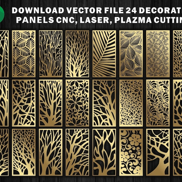 24 natural ornaments for decorative partitions panel screen |  CNC | dxf panel | Laser Cutting File  Dxf, Svg, Jpg, Cdr, Eps Vector files.